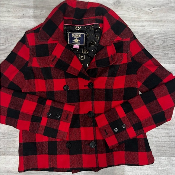 PINK Victoria's Secret Jackets & Blazers - Vintage VS Pink red black plaid pea coat:jacket buffalo plaid - wool/ Midweight